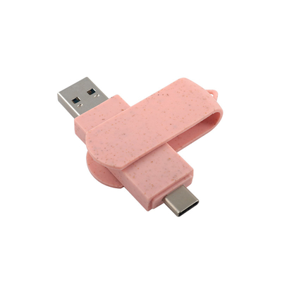 نوع C USB فلش درایو پلاستیک صورتی با کاه مواد بازیافتی و لوگو سفارشی